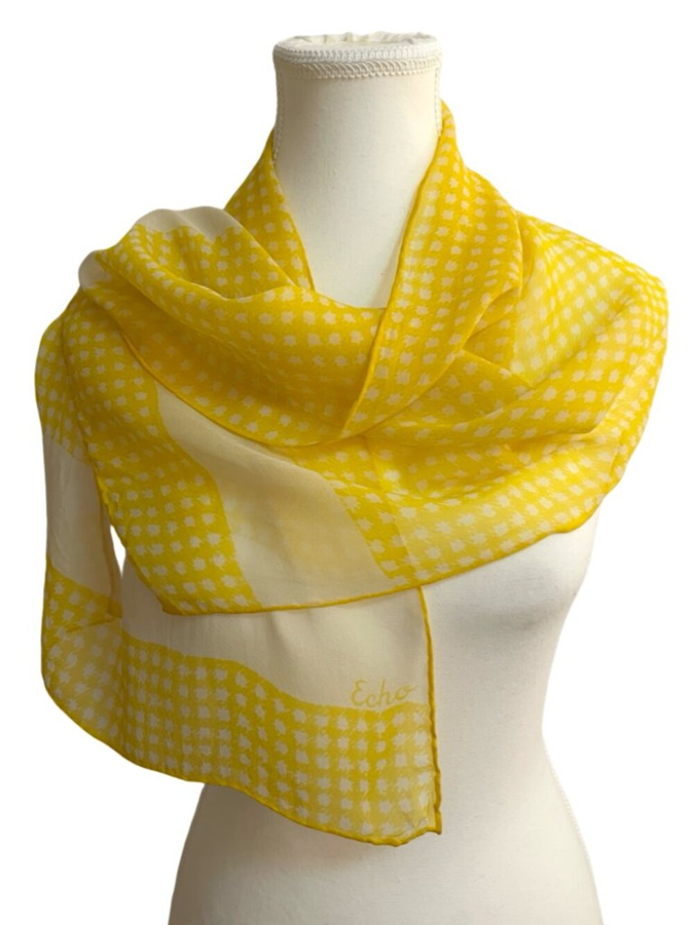 Echo Vintage Silk Feel Scarf Yellow White Polka Dot Oblong